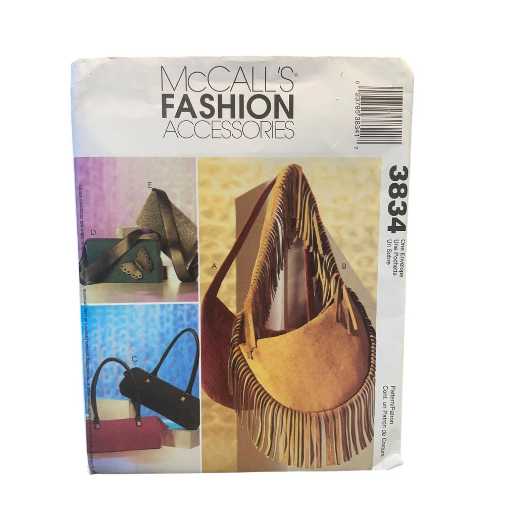 McCall's Sewing Pattern Unisex OS 3834 Lined Bags Fringe Butterfly Uncut FF